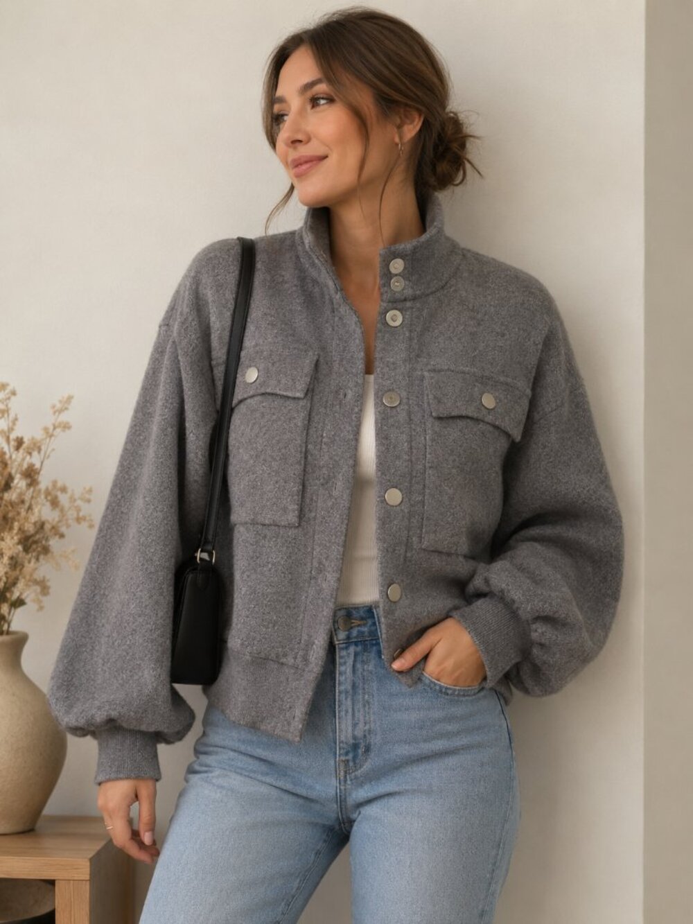 Oliver.o Gray Knit Snap Front Shacket Jacket Balloon Sleeve Womens M